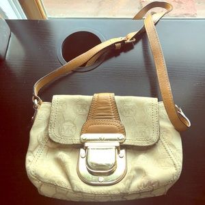 MK logo tan leather and fabric cross body bag